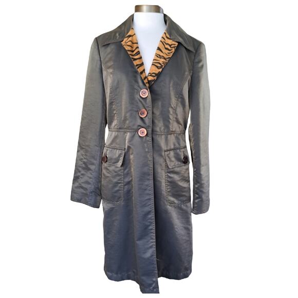 MOSCHINO Jeans Metallic Trench Coat Tiger Lining - Picture 3 of 14